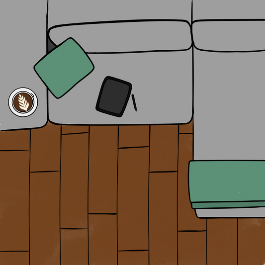 Illustration of the top down view of a light grey couch, with a sage green cushion and throw blanket, cup of coffee with coffee art and a tablet and pen.