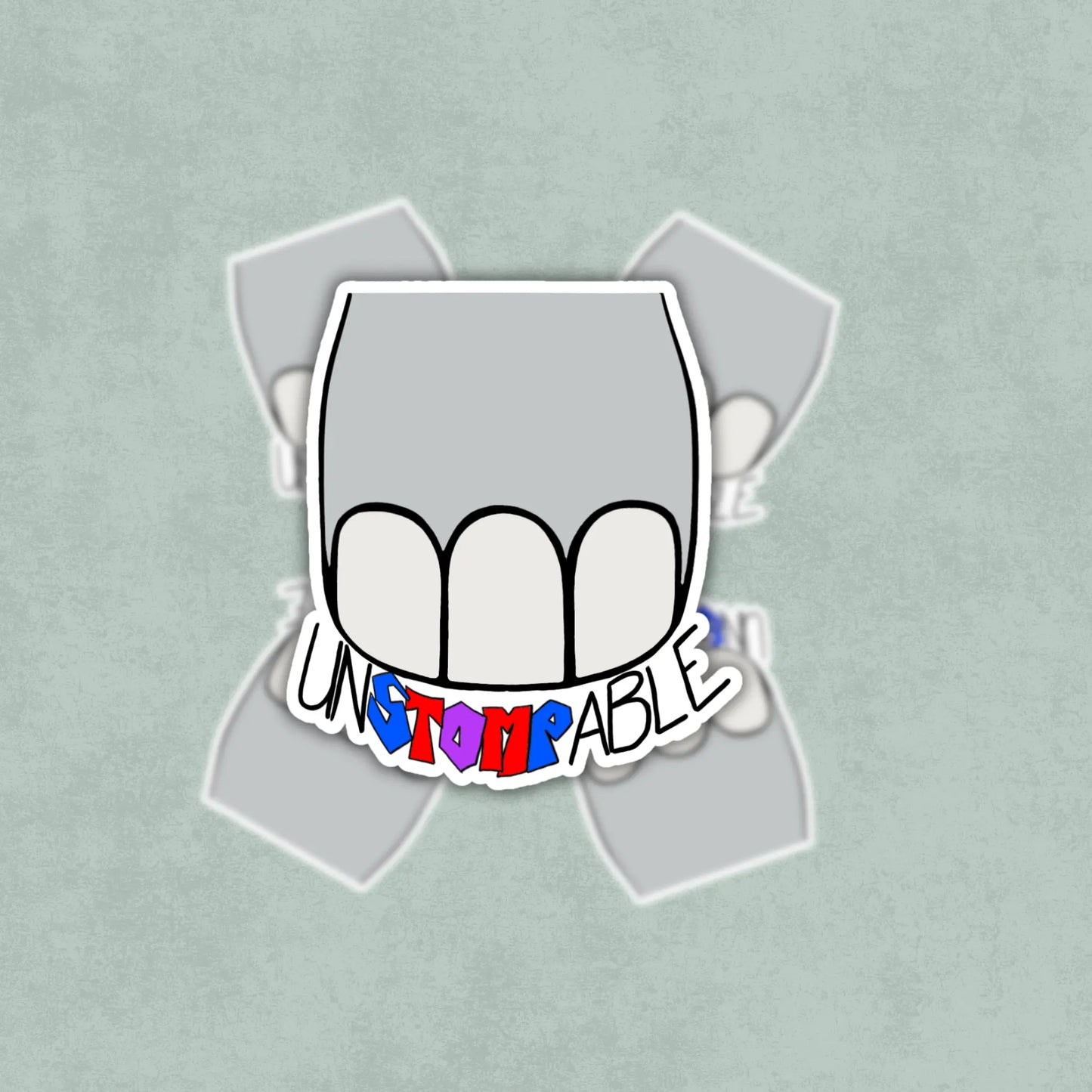 Cartoon elephant's foot with a colorful 'UNSTOMPABLE' text