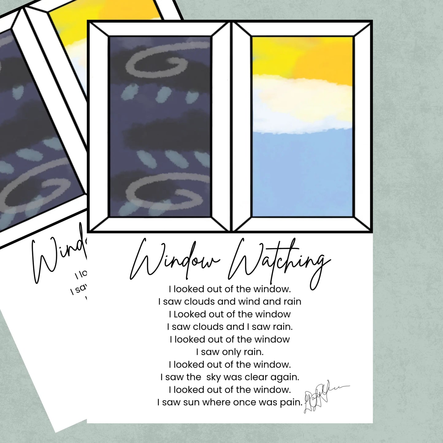 Illustration of a window with views of different weather conditions and a poem titled 'Window Watching'.
