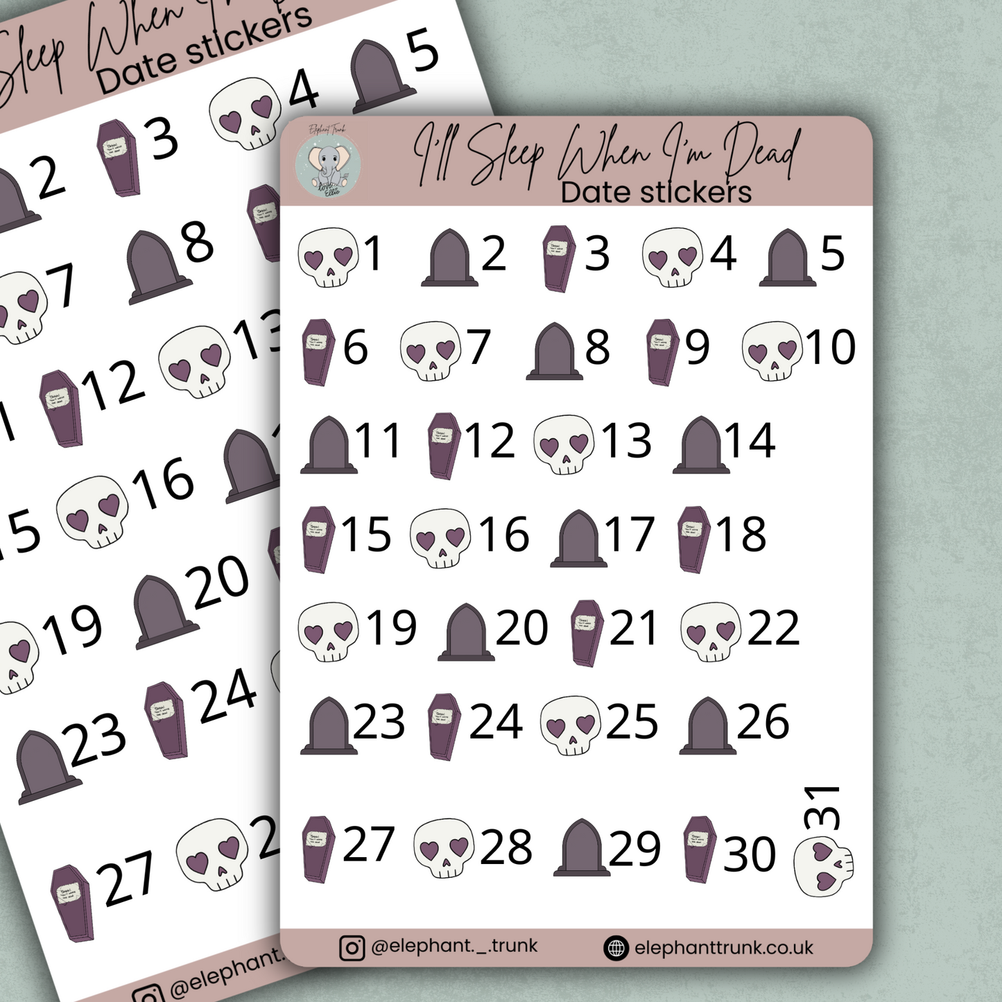 Date Sticker Sheet | Gothic Planner Stickers | Vinyl Matte Dates for Journals