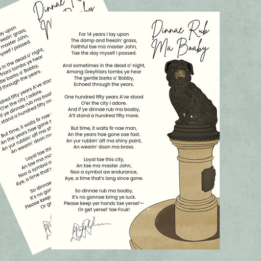 Poem with a illustration of the Greyfriar's Bobby dog on a pedestal statue
