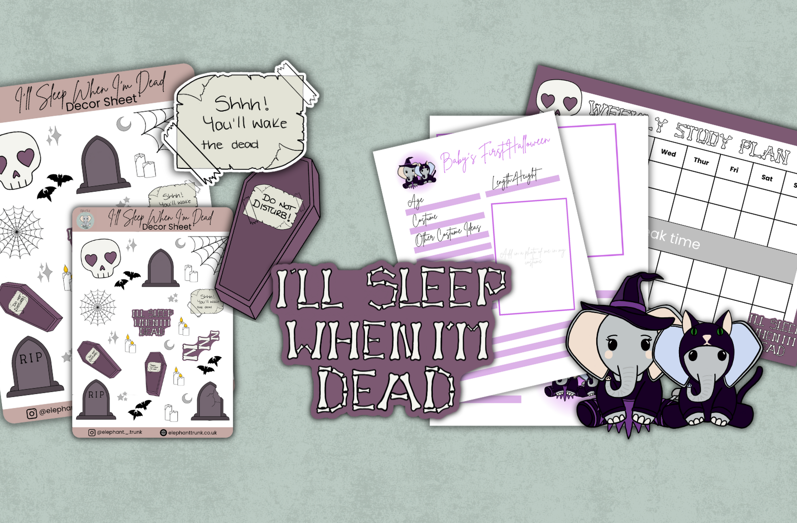 Halloween-themed stationery items including stickers, planner stickers, memory keeping pages and a study plan on a light green-gray background.