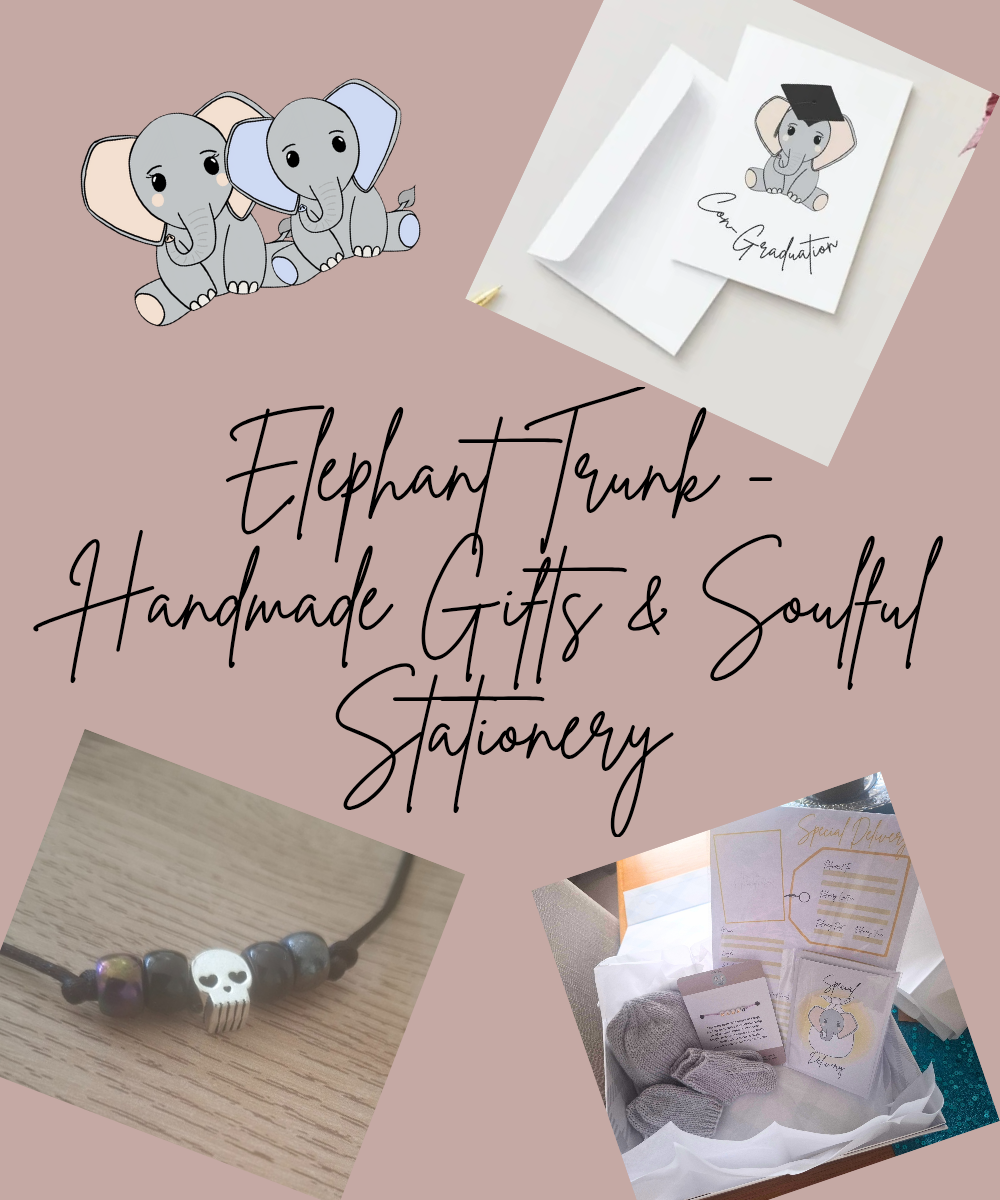A collage featuring four images: two cartoon elephants in the top left corner, a graduation card with "Congrats Graduation" in the top right, a close-up of a beaded bracelet with a skull charm in the bottom left, and a gift box containing handmade items in the bottom right. The text "Elephant Trunk - Handmade Gifts & Soulful Stationery" is written in a stylish font across the center.