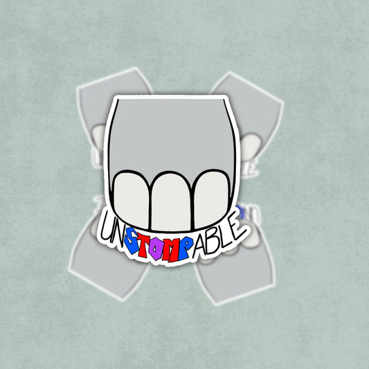 Cartoon elephant's foot with a colorful 'UNSTOMPABLE' text 