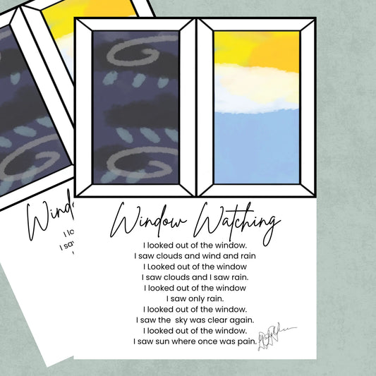 Illustration of a window with views of different weather conditions and a poem titled 'Window Watching'.