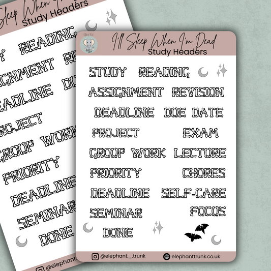 Study Sticker Sheet | Academic Planner Stickers | Gothic Vinyl Matte Stationery