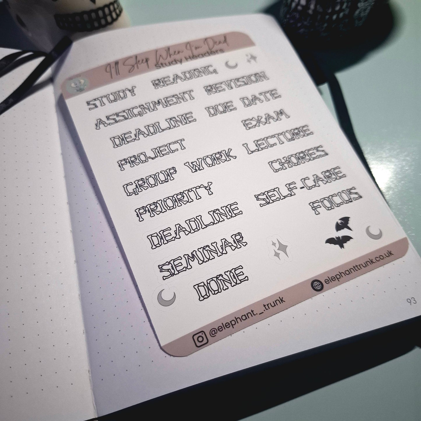 Study Sticker Sheet | Academic Planner Stickers | Gothic Vinyl Matte Stationery