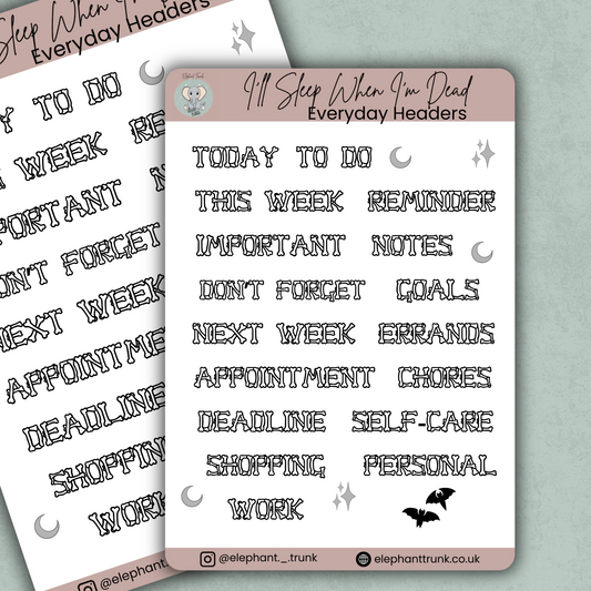 Everyday Functional Sticker Sheet | Gothic Planner Stickers | Vinyl Matte Alternative Stationery