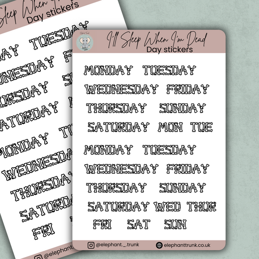 Days of the Week Sticker Sheet | Gothic Planner Stickers | Vinyl Matte Headers