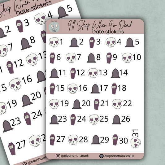 Date Sticker Sheet | Gothic Planner Stickers | Vinyl Matte Dates for Journals