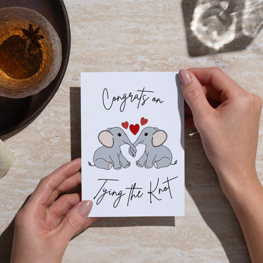 Trunks Tied, Love United Greetings Card – A6 Hand Drawn Wedding Greetings Card with White Envelope